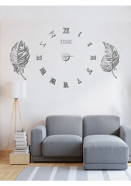 Modern 3D Roma Rakamlı Saat ve Yaprak Pano Seti, Şık Gümüş Renk