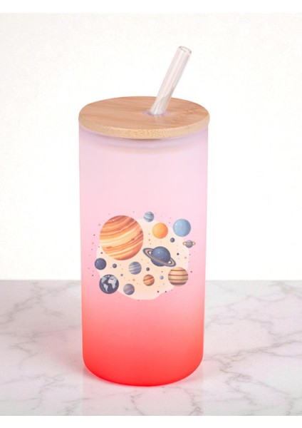 Karma Gezegen Baskılı 600 ml Cam Matara- Su Matarası, Suluk Matara, Cam Pipetli Matara