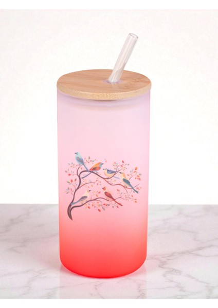 Dalda Kuşlar Baskılı 600 ml Cam Matara- Su Matarası, Suluk Matara, Cam Pipetli Matara