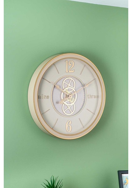 Krem Renkli Büyük Duvar Saati, 59X59 Cm, Şık ve Modern Dekorasyon Parçası