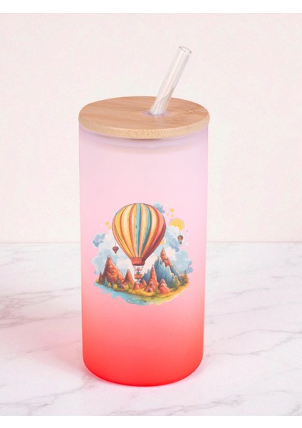 Uçan Balon Baskılı 600 ml Cam Matara- Su Matarası, Suluk Matara, Cam Pipetli Matara