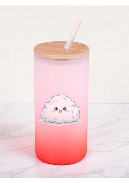 Bulut Baskılı 600 ml Cam Matara- Su Matarası, Suluk Matara, Cam Pipetli Matara