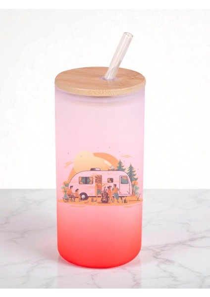 Karavan ve Kamp Teması Baskılı 600 ml Cam Matara- Su Matarası, Suluk Matara, Cam Pipetli Matara