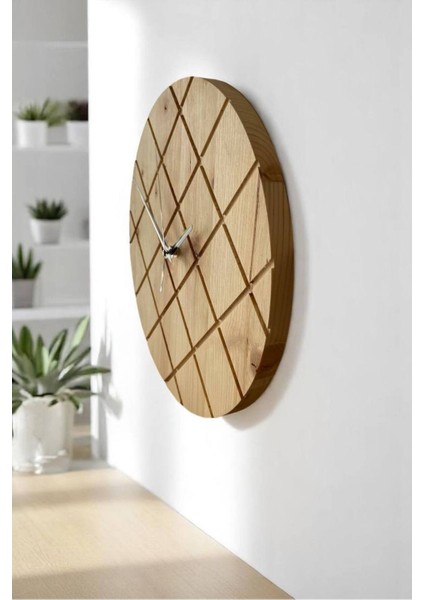 Şık Masif Ağaç Doğal Saat, Baklava Desenli, Krem Renk