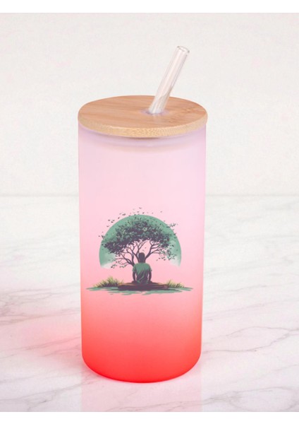 Ağaç Altında Insan Baskılı 600 ml Cam Matara- Su Matarası, Suluk Matara, Cam Pipetli Matara