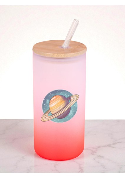 Satürn Baskılı 600 ml Cam Matara- Su Matarası, Suluk Matara, Cam Pipetli Matara