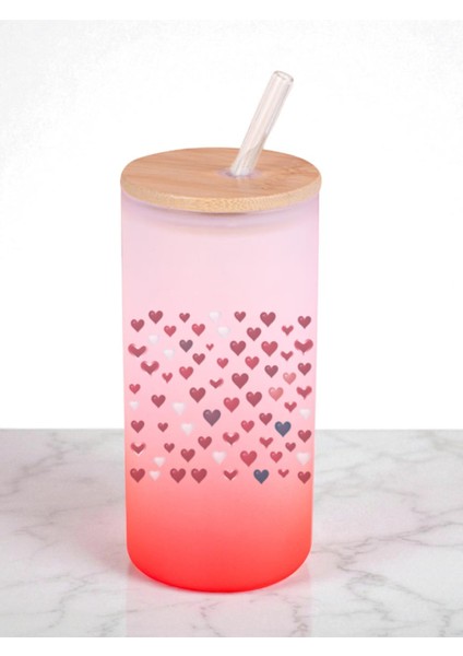 Kalpler Baskılı 600 ml Cam Matara- Su Matarası, Suluk Matara, Cam Pipetli Matara