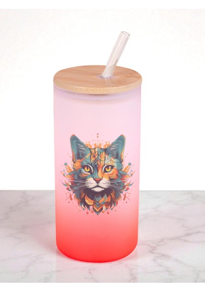 Alevli Kedi Baskılı 600 ml Cam Matara- Su Matarası, Suluk Matara, Cam Pipetli Matara