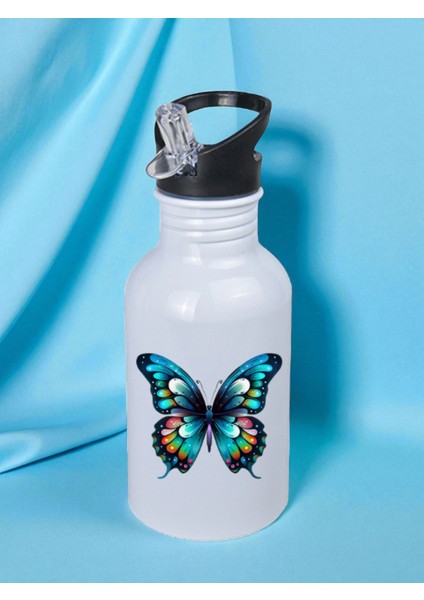 Mavi Kelebek Baskılı Matara Suluk 600 ml - Sporcu Suluğu, Büyük Suluk, Spor Matara, Sporcu Sulukları