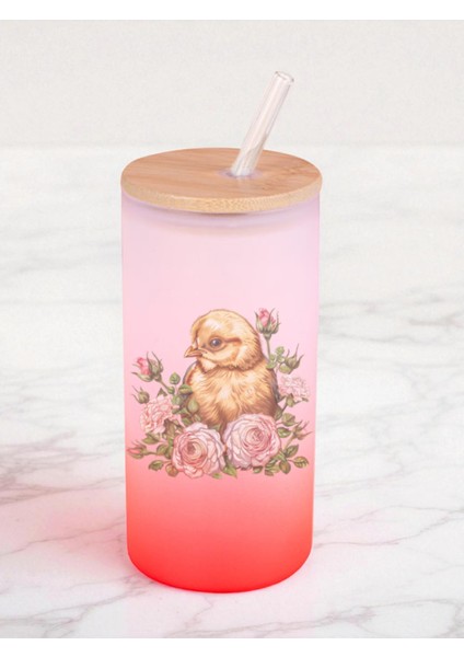 Güllü Civciv Baskılı 600 ml Cam Matara- Su Matarası, Suluk Matara, Cam Pipetli Matara