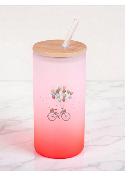 Balonlu Bisiklet Baskılı 600 ml Cam Matara- Su Matarası, Suluk Matara, Cam Pipetli Matara