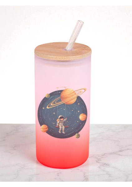 Uzayda Çocuk Baskılı 600 ml Cam Matara- Su Matarası, Suluk Matara, Cam Pipetli Matara