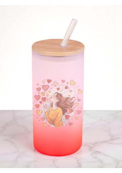 Kalpli Kadın Baskılı 600 ml Cam Matara- Su Matarası, Suluk Matara, Cam Pipetli Matara