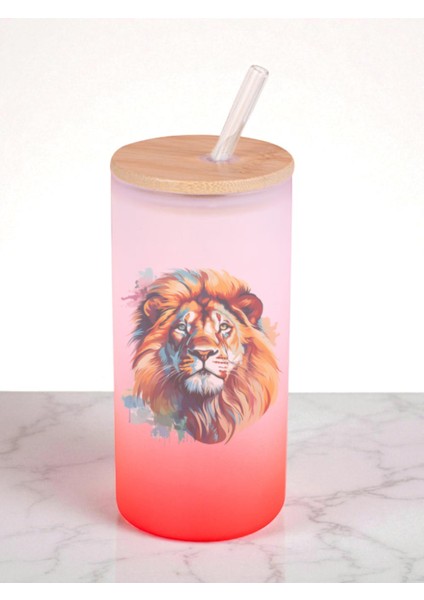 Modern Aslan Baskılı 600 ml Cam Matara- Su Matarası, Suluk Matara, Cam Pipetli Matara