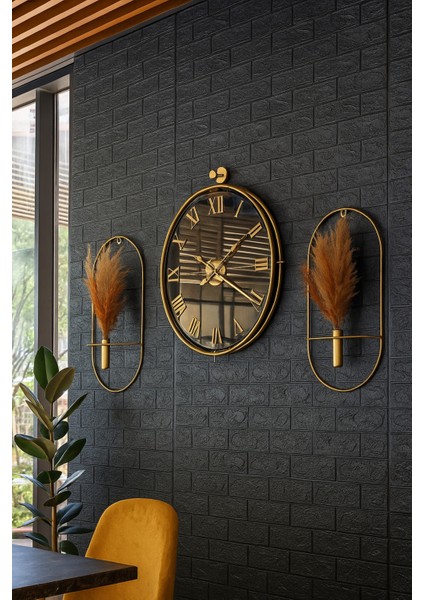 Altın Tonlu Duvar Saati ve Çiçeklik Seti, Şık Dekoratif Ürünler fırsatları
