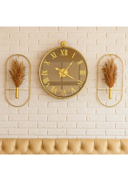 Altın Tonlu Duvar Saati ve Çiçeklik Seti, Şık Dekoratif Ürünler indirimleri