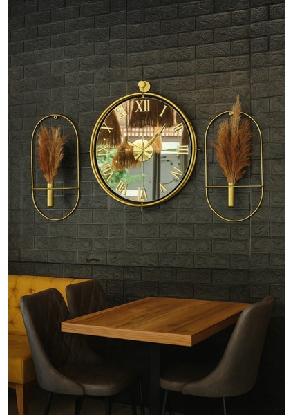 Altın Tonlu Duvar Saati ve Çiçeklik Seti, Şık Dekoratif Ürünler