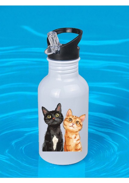 Yan Yana Kedi Baskılı Matara Suluk 600 ml - Kız Çocuk Suluk, Kız Sulukları
