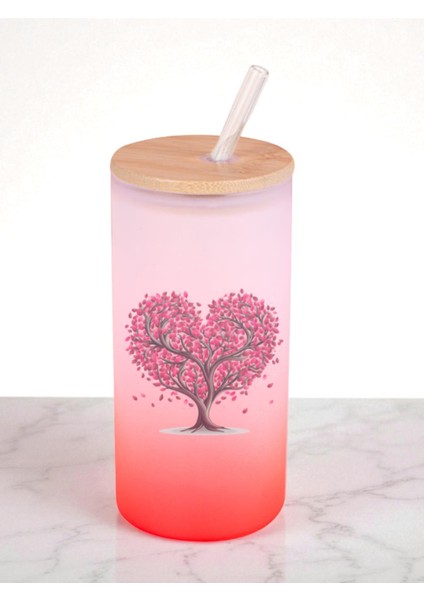 Kalpli Ağaç Baskılı 600 ml Cam Matara- Su Matarası, Suluk Matara, Cam Pipetli Matara