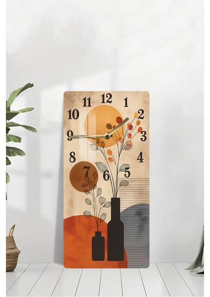 Renkli Cam Tablo Saat, Turuncu-Bej Vazo Desenli, 30X60 Cm, Uv Baskı modelleri