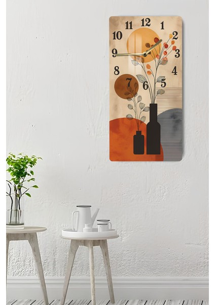 Renkli Cam Tablo Saat, Turuncu-Bej Vazo Desenli, 30X60 Cm, Uv Baskı indirimleri