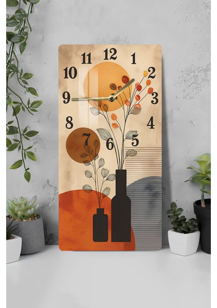 Renkli Cam Tablo Saat, Turuncu-Bej Vazo Desenli, 30X60 Cm, Uv Baskı
