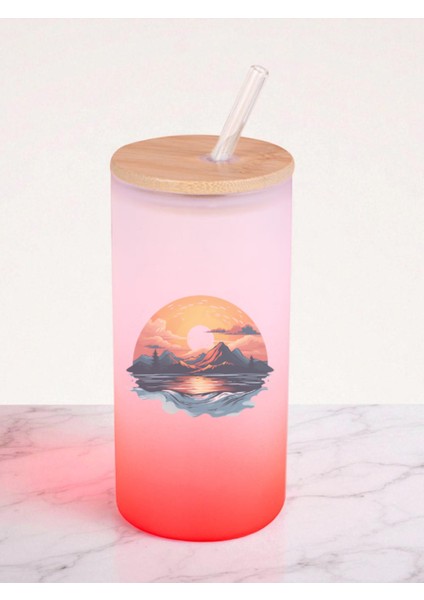 Tatil ve Doğa Baskılı 600 ml Cam Matara- Su Matarası, Suluk Matara, Cam Pipetli Matara