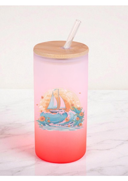 Sandal Baskılı 600 ml Cam Matara- Su Matarası, Suluk Matara, Cam Pipetli Matara