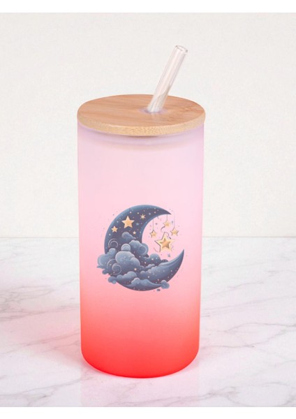 Gece Ay Baskılı 600 ml Cam Matara- Su Matarası, Suluk Matara, Cam Pipetli Matara