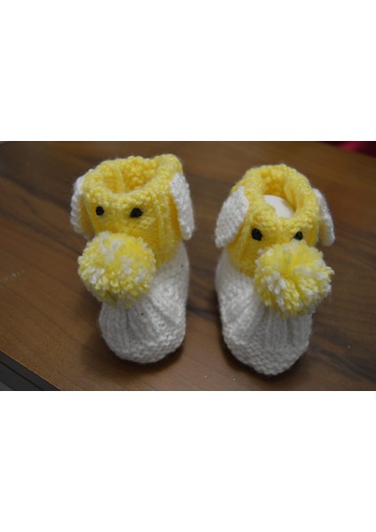 🧶 El Örgüsü Beyaz Sarı Köpek Desenli Bebek Patik