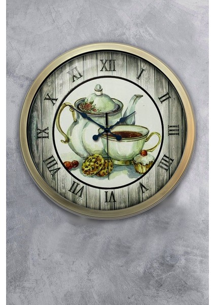 40 cm Eskitme Metal Çaydanlık ve Mutfak Duvar Saati, Renkli ve Şık Tasarım
