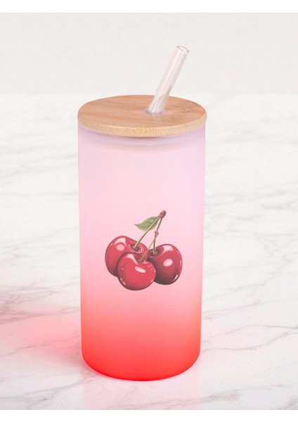 Kiraz Baskılı 600 ml Cam Matara- Su Matarası, Suluk Matara, Cam Pipetli Matara