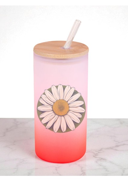 Papatyalı Baskılı 600 ml Cam Matara- Su Matarası, Suluk Matara, Cam Pipetli Matara