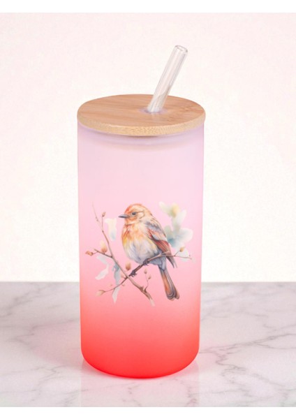 Dalda Kuş Baskılı 600 ml Cam Matara- Su Matarası, Suluk Matara, Cam Pipetli Matara