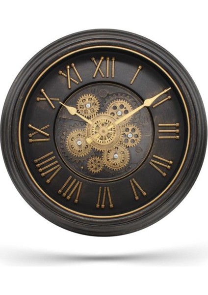 Antik Eskitme Döner Çarklı Roma Rakamlı Duvar Saati, 40 Cm, Siyah