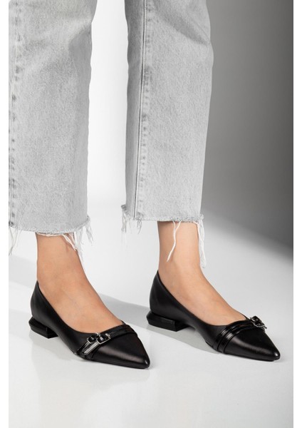 Kadın Hakiki Deri Çift Toka Detaylı Özel Tasarım Rahat Şık Siyah Babet modelleri