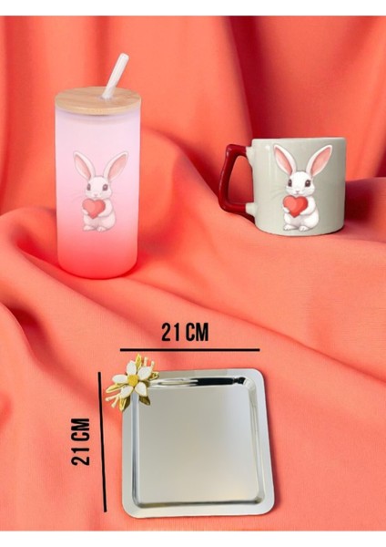 Tavşan ve Kalp Temalı Kırmızı Matara, Kupa Bardak ve Kahve Sunum Tepsisi Konsept Hediyelik