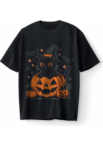 Halloween Kedi Bal Kabağı Pumpkin Oversize Unisex Tişört T-Shirt