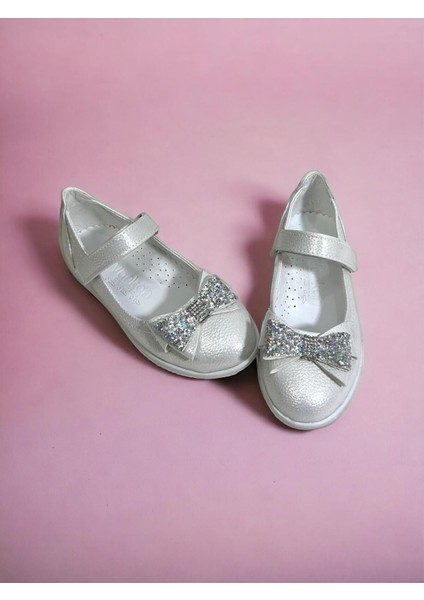 Kız Çocuk Kelebek Taşlı Fiyonklu Pembe Simli Kaymaz Taban Ortopedik Babet