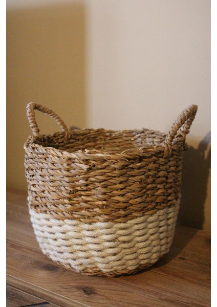 Kulplu Kalın Örgü Alt Kısmı Krem Şeritli Hasır Sepet Orta Boy