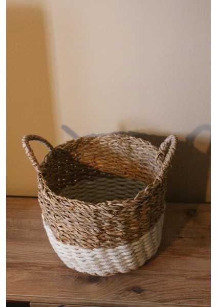 Kulplu Kalın Örgü Alt Kısmı Krem Şeritli Hasır Sepet Orta Boy fiyatları