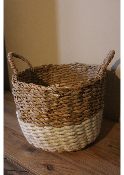 Kulplu Kalın Örgü Alt Kısmı Krem Şeritli Hasır Sepet Orta Boy modelleri