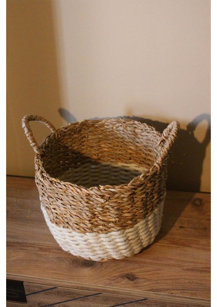 Kulplu Kalın Örgü Alt Kısmı Krem Şeritli Hasır Sepet Orta Boy fırsatları