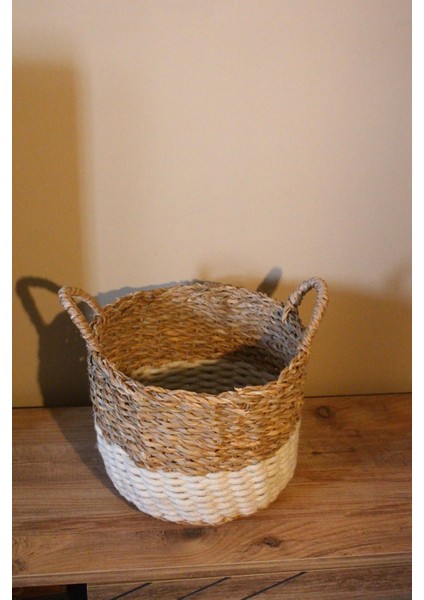 Kulplu Kalın Örgü Alt Kısmı Krem Şeritli Hasır Sepet Orta Boy indirimleri