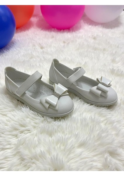 Kız Çocuk Kelebek Taşlı Fiyonklu Beyaz Düz Kaymaz Taban Ortopedik Babet