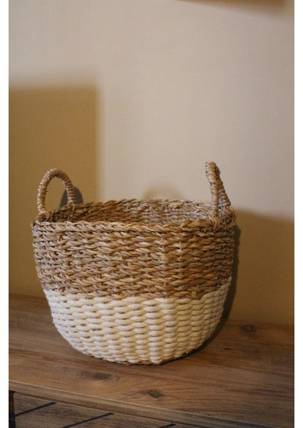 Kulplu Kalın Örgü Alt Kısmı Krem Şeritli Hasır Sepet Büyük Boy