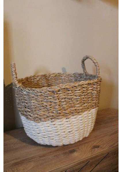 Kulplu Kalın Örgü Alt Kısmı Krem Şeritli Hasır Sepet Büyük Boy fiyatları