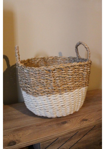 Kulplu Kalın Örgü Alt Kısmı Krem Şeritli Hasır Sepet Büyük Boy fırsatları