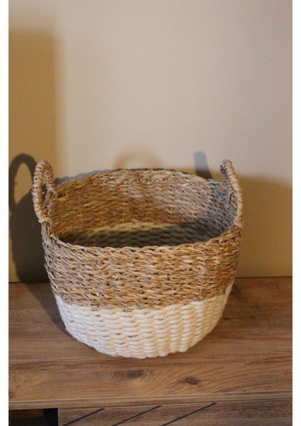 Kulplu Kalın Örgü Alt Kısmı Krem Şeritli Hasır Sepet Büyük Boy indirimleri