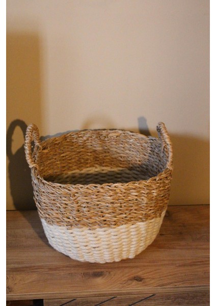 Kulplu Kalın Örgü Alt Kısmı Krem Şeritli Hasır Sepet Büyük Boy